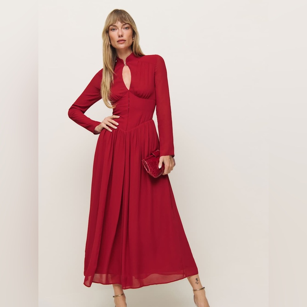 Reformation Red Long-Sleeve Midi Dress